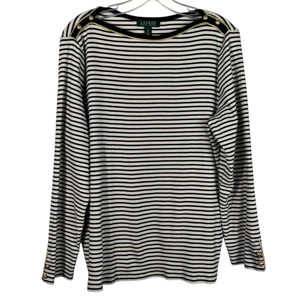 Lauren Ralph Lauren Black White Nautical Gold Button Boat Neck Blouse Plus Size